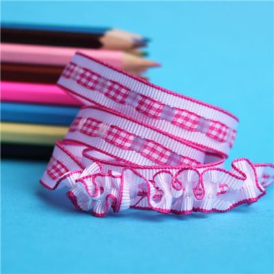 12mm Gingham Ruffle Ribbon - Shocking Pink 